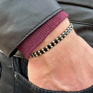 Mens 14K Gold Hematite Bracelet – 66 Solid Diamond Cut Gold Beads – Handmade Adjustable String Bracelet – Jewelry for Men - Gift for Him