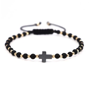 14K gouden kruisarmband voor heren, onyx en hematiet kralenarmband, echt gouden kralenarmband, katholieke armband, herenarmband, religieuze geschenken