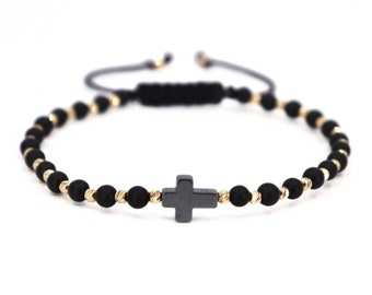 14K Gold Cross Bracelet for Men, Onyx & Hematite Beaded Bracelet, Real Gold Bead Bracelet, Catholic Bracelet, Mens Bracelet, Religious Gifts