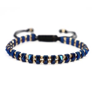 Solid Gold Beads Bracelet for Men, Blue Hematite Stone Bracelet, 14K Gold Beads, Luxury Mens Bracelet, Adjustable Cord, Gifts for Him