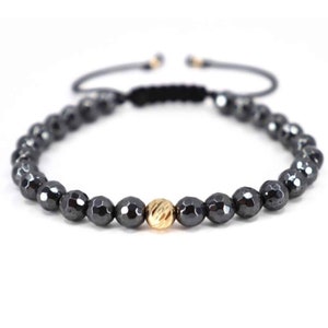 14K Solid Gold Bracelet for Men, Hematite Protection Bracelet, Mens Beaded Bracelet, Crystal Bracelet with Adjustable String, Gift for Him