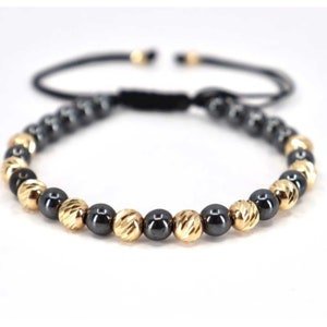 14K Solid Gold Bracelet for Men, 6 mm Hematite Bracelet, Protecton Bracelet, Healing Bracelet, Adjustable Cord Bracelet, Gift for Him