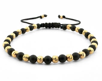 Pulsera de ónix negro para hombre con cuentas chapadas en oro de 18 quilates – Pulsera ajustable de cuentas de 4 mm, joyería minimalista, regalo para él.