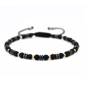 Men&#39;s 14K Gold, Black Onyx & Hematite Bracelet – 4mm Beads – Adjustable Handmade Bracelet – Gift for Him – Masculine Solid Gold Bracelet