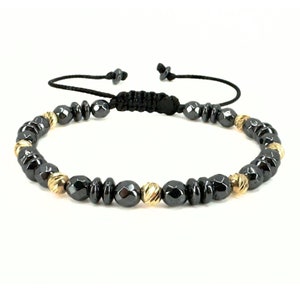 Hematite & 14K Gold Beaded Bracelet for Him, Handmade Gold Beads Jewelry, Water Proof Cord Bracelet, 14k Gold Jewelry, Gift for Men