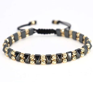 14K Yellow Gold Men Bracelet, Hematite Beads Bracelet, Exclusive Gift for Men, Solid Gold Bracelet, Real Gold Jewelry for Men