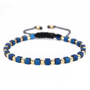 14K Gold Beaded Bracelet Handmade with Blue Hematite Stones, 4 mm Solid Gold Beads and Adjustable Cord, Perfect Gift for Him