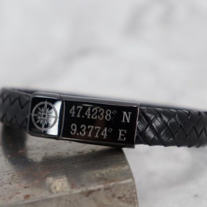 Personalized Coordinates Leather Bracelet for Men - Engraved with Your Special Location