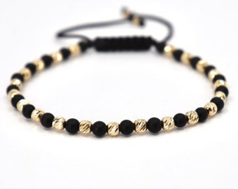 14K Real Gold & Onyx Bracelet for Men, Handmade Gold Jewelry, Adjustable Cord Bracelet, 14k Gold Mens Jewelry , Perfect Gift for Him