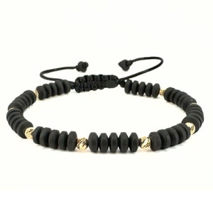 Black Hematite Stones & 14K Gold Mens Bracelet, Handmade Gold Jewelry for Men, Water Proof Cord Bracelet, 14k Gold Jewelry, Gift for Men