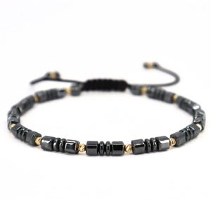 Men&#39;s 14K Gold & Hematite Bracelet – 2.5mm Gold Beads, 4mm Natural Stone Bracelet – Solid Gold - Adjustable Handmade Jewelry – Gift for Him