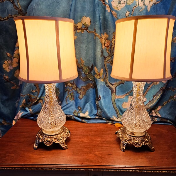 Vintage Cut Crystal Lamps with tailored silk-type shantung fabric shades