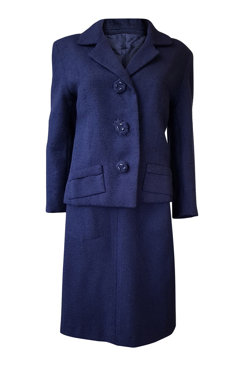 M UNLABELLED Vintage Navy Blue Wool Skirt Suit