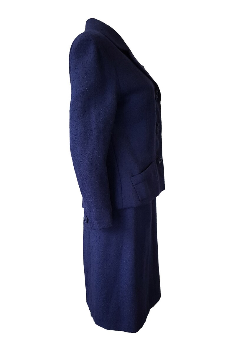 M UNLABELLED Vintage Navy Blue Wool Skirt Suit