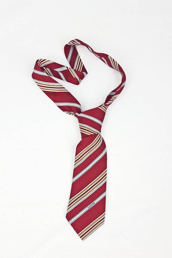 VINTAGE LANVIN 100% Silk Red Blue Brown Stripe Tie
