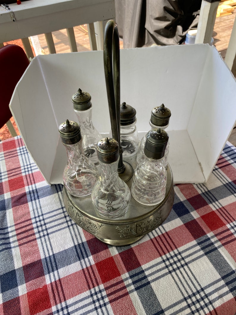 Antique glass castor cruet silver plated set