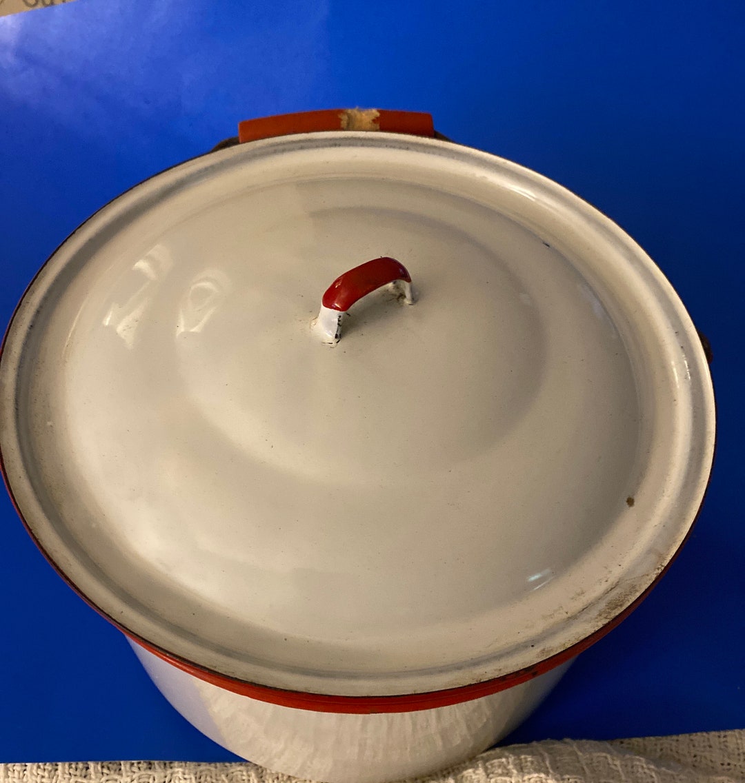Antique White Enamel Stock Pot Etsy