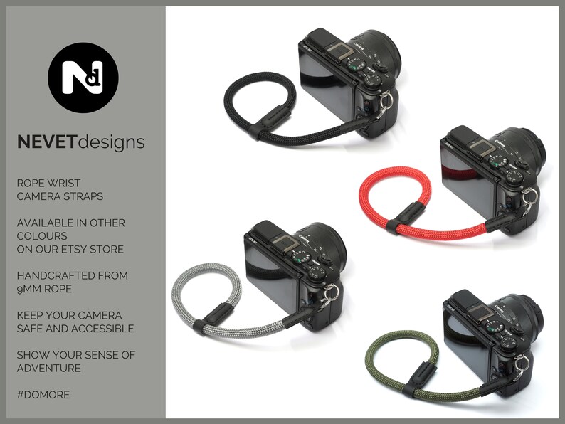 May include: Three camera wrist straps made from 9mm rope. The straps are available in black, red, and green. The straps are handmade and are designed to keep your camera safe and accessible. #DOMORE