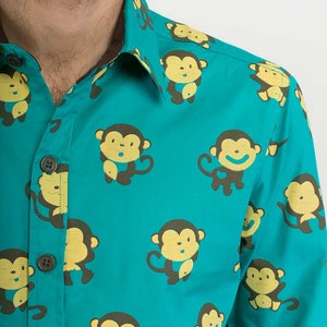 Mens 100% Cotton Long Sleeve Slim Fit Shirt Blue Green Monkeys Print
