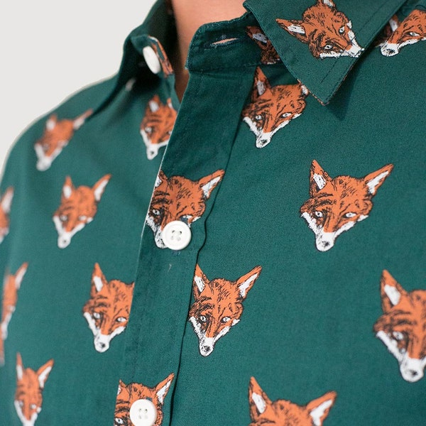 Mens 100% Cotton Long Sleeve Slim Fit Shirt Green Fox Print