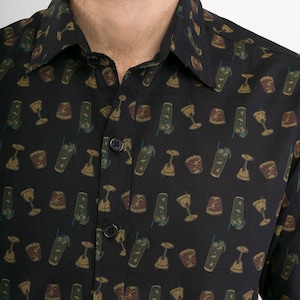 Mens 100% Cotton Long Sleeve Slim Fit Shirt Black Drink Cocktails Beer Print