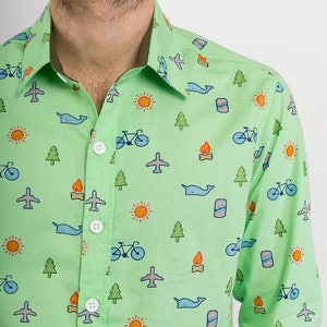 Mens 100% Cotton Long Sleeve Slim Fit Shirt Green Plane Bike Tree Whale Sun Fire Fun Print