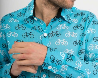 Mens 100% Cotton Long Sleeve Slim Fit Shirt Blue with Black and White Bikes Print Lightweight Material