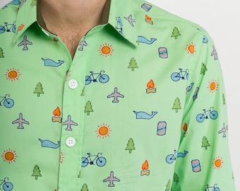 Mens 100% Cotton Long Sleeve Slim Fit Shirt Green Plane Bike Tree Whale Sun Fire Fun Print