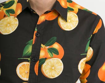 Mens 100% Cotton Long Sleeve Slim and regular Fit Shirt Oranges Fruit on Black Print