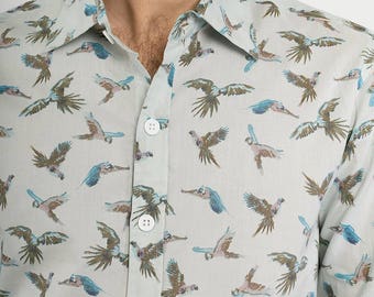 Mens 100% Cotton Long Sleeve Slim Fit Shirt Birds Parrot Blue Green Print Lightweight Material