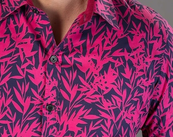 Mens 100% Cotton Long Sleeve Slim Fit Shirt Pink Black Floral Print