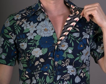 Reversible Mens 100% Cotton Short Sleeve Slim Fit Shirt Blue Floral Grey Red Geometric Print