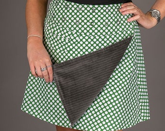 Reversible A Line Skirt Grey Velvet Green Polka Cotton Skirt Wrap Skirt