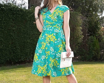 Green Yellow Floral Wrap Dress / Summer Cotton Dress / Green Yellow Floral Dress