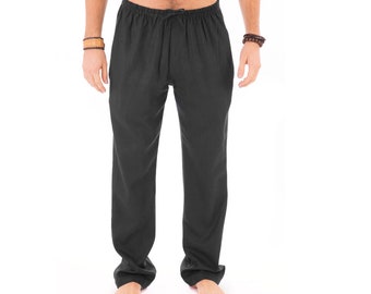 Mens Black Trousers 100% Cotton Yoga Casual Beach Lounge with Elasticated Waist Draw String and Pockets