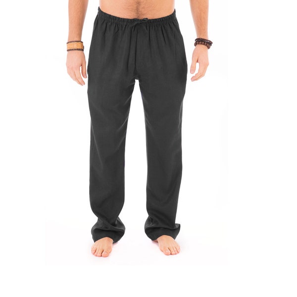 Mens Black Trousers 100% Cotton Yoga Casual Beach Lounge with Elasticated Waist Draw String and Pockets