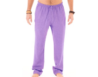 Mens Purple Trousers 100% Cotton Yoga Casual Beach Lounge with Elasticated Waist Draw String and Pockets