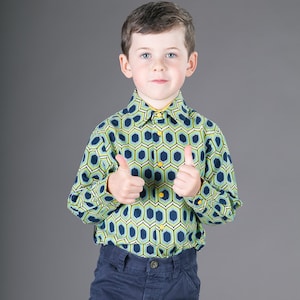 Boys Cotton Shirt Blue Yellow Geometric Print Ages 4 to 11 years
