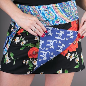 Reversible Cotton Skirt Black Floral Blue Dogs Print Detachable Pocket Mini Length