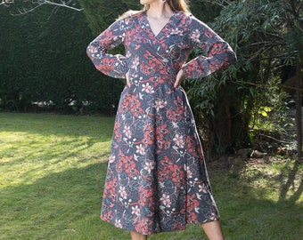 Vestido longo do envoltório da luva do pássaro floral cor-de-rosa cinzento/vestido algodão do verão