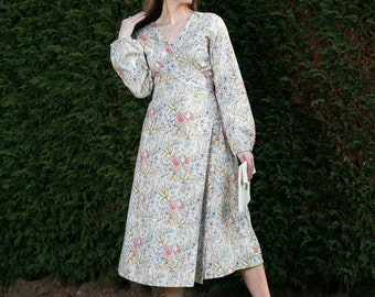 Rosa Braun Florales Langarm Wickelkleid / Sommer Kleid aus Baumwolle