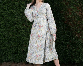 Pink Brown Floral Long Sleeve Wrap Dress / Summer Cotton Dress