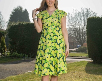 Lemon Wrap Dress / Summer Cotton Dress / Yellow Fruity Floral Dress