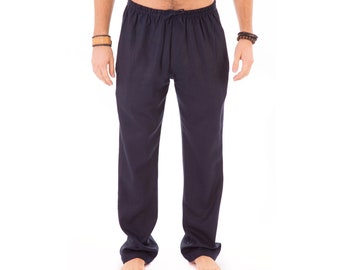 Mens Blue Trousers 100% Cotton Yoga Casual Beach Lounge with Elasticated Waist Draw String and Pockets