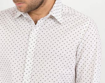 Mens 100% Cotton Long Sleeve Slim Fit Shirt White Green Olive Leaf Print