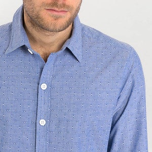 Mens 100% Cotton Long Sleeve Slim Fit Shirt Blue White Thread Print