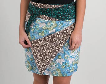 Reversible Cotton Skirt Blue Floral Grey Brown Cross Print Green Print Detachable Pocket Medium Length