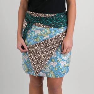 Gonna reversibile in cotone blu floreale grigio marrone stampa croce stampa verde tasca staccabile tasca media lunghezza