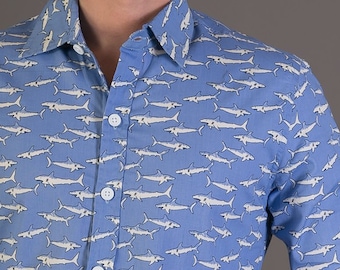 Mens 100% Cotton Long Sleeve Slim Fit Shirt Blue White Sharks Print