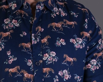 Mens 100% Cotton Long Sleeve Slim Fit Shirt Blue Floral Horse Print